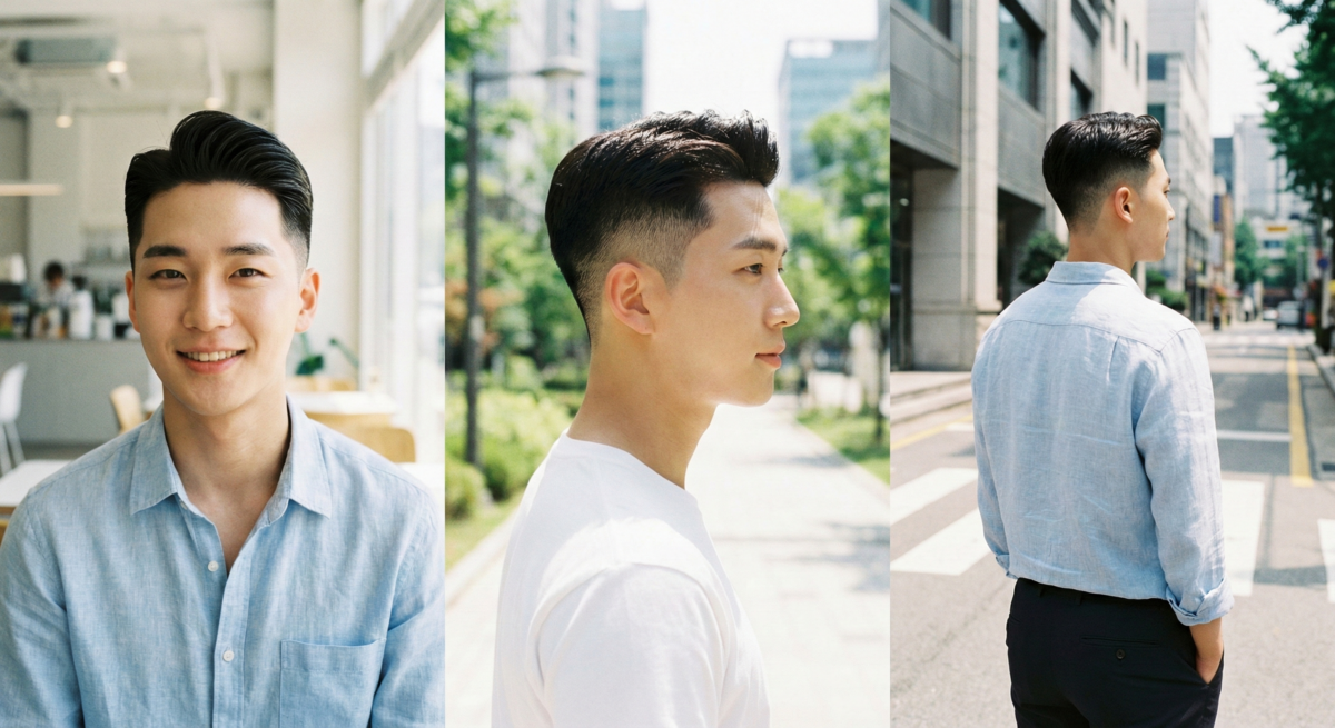 兩側短 x 漸層油頭：漸層油頭以兩側由短到長的自然過渡，強調頂部層次與立體感，打造俐落陽剛又精緻的男士短髮造型。