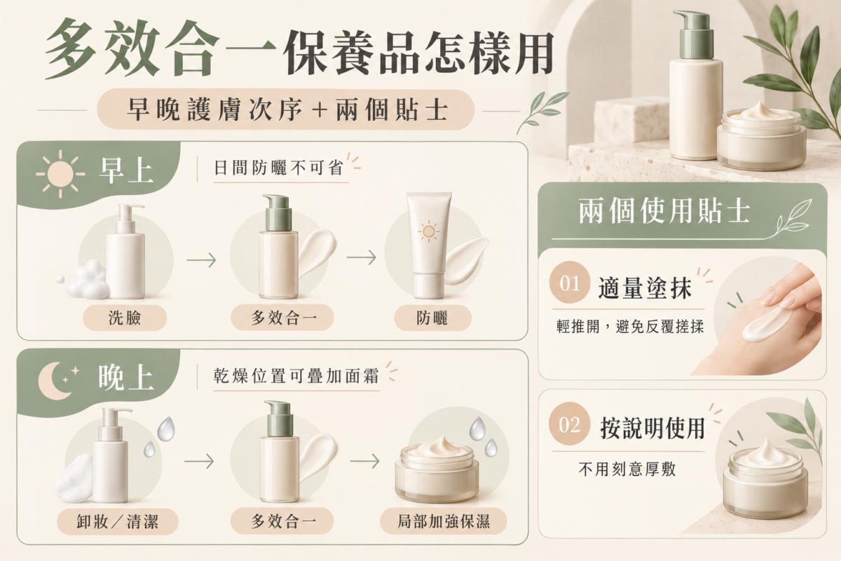 多效合一保養品使用資訊圖，展示早晚護膚次序，包括洗臉、保養、防曬及局部加強保濕，並說明適量塗抹與使用注意事項。