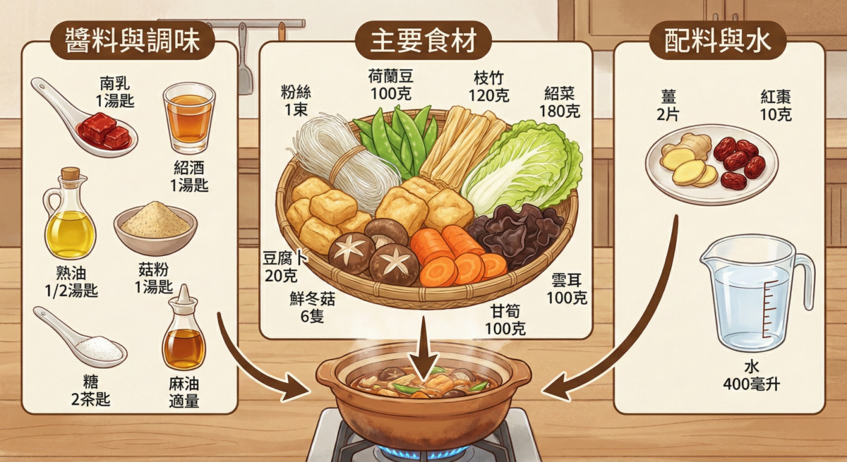羅漢齋素菜煲食材圖解。左側展示南乳、紹酒等調味；中間為主要食材如粉絲、荷蘭豆、腐竹、紹菜、冬菇及雲耳；右側為薑片、紅棗及400毫升水。所有食材均指向下方正在加熱的土鍋。