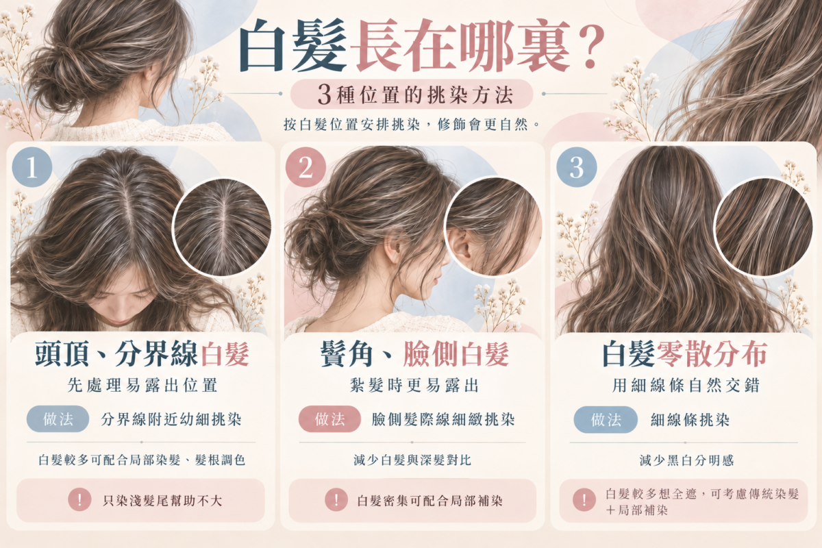 白髮挑染位置示意圖,展示頭頂分界線、鬢角臉側及零散白髮的3種挑染方式,配合髮型圖片說明自然修飾白髮的方法。