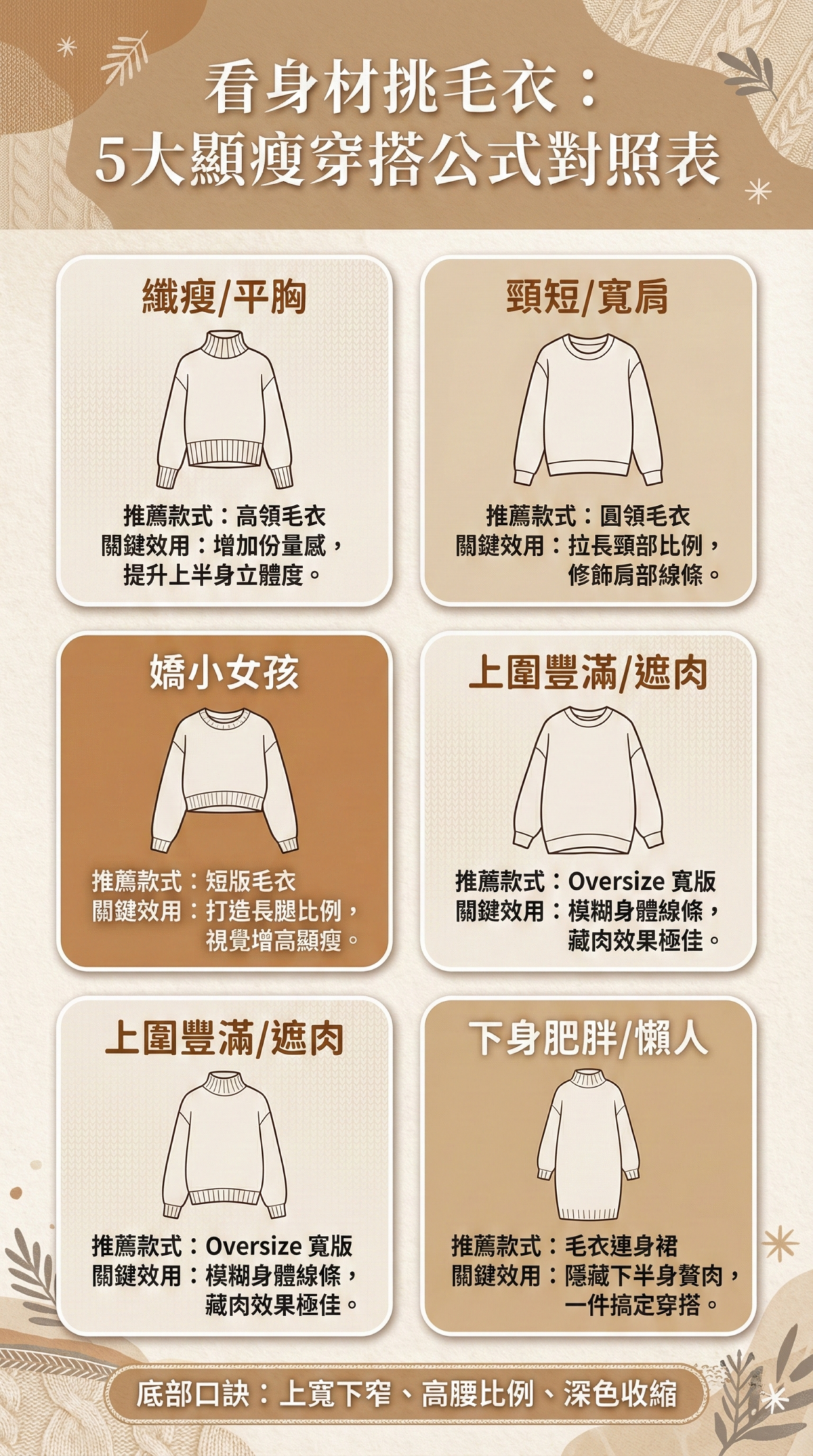 女生毛衣顯瘦穿搭對照圖：整理高領、圓領、短版、Oversize與連身裙毛衣對應的不同身材（纖瘦、嬌小、寬肩、豐滿）之挑選建議與比例修飾技巧。