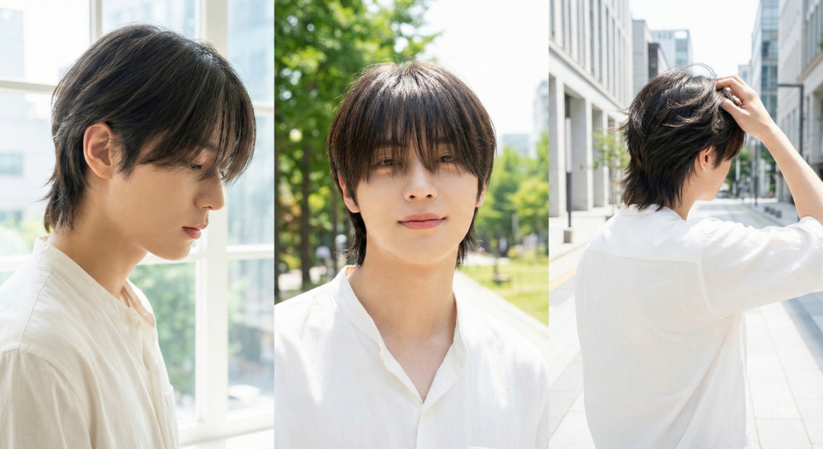 男生長瀏海狼尾頭以慵懶長瀏海修飾額頭與臉型，營造復古神秘又深邃的日系風格。