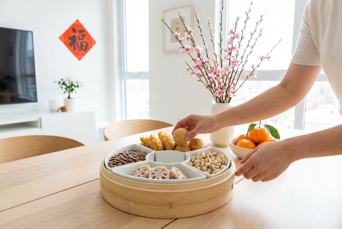 全盒可加入油角、笑口棗和煎堆，象徵富貴滿袋、笑口常開與圓滿吉祥。