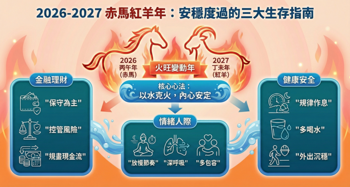 2026-2027赤馬紅羊劫生活指南圖表,總結了應對火旺年的三大關鍵建議,包括金融理財保守為主、情緒保持耐心與包容、健康安全注意降火與交通平安,助你平穩迎接變動年。
