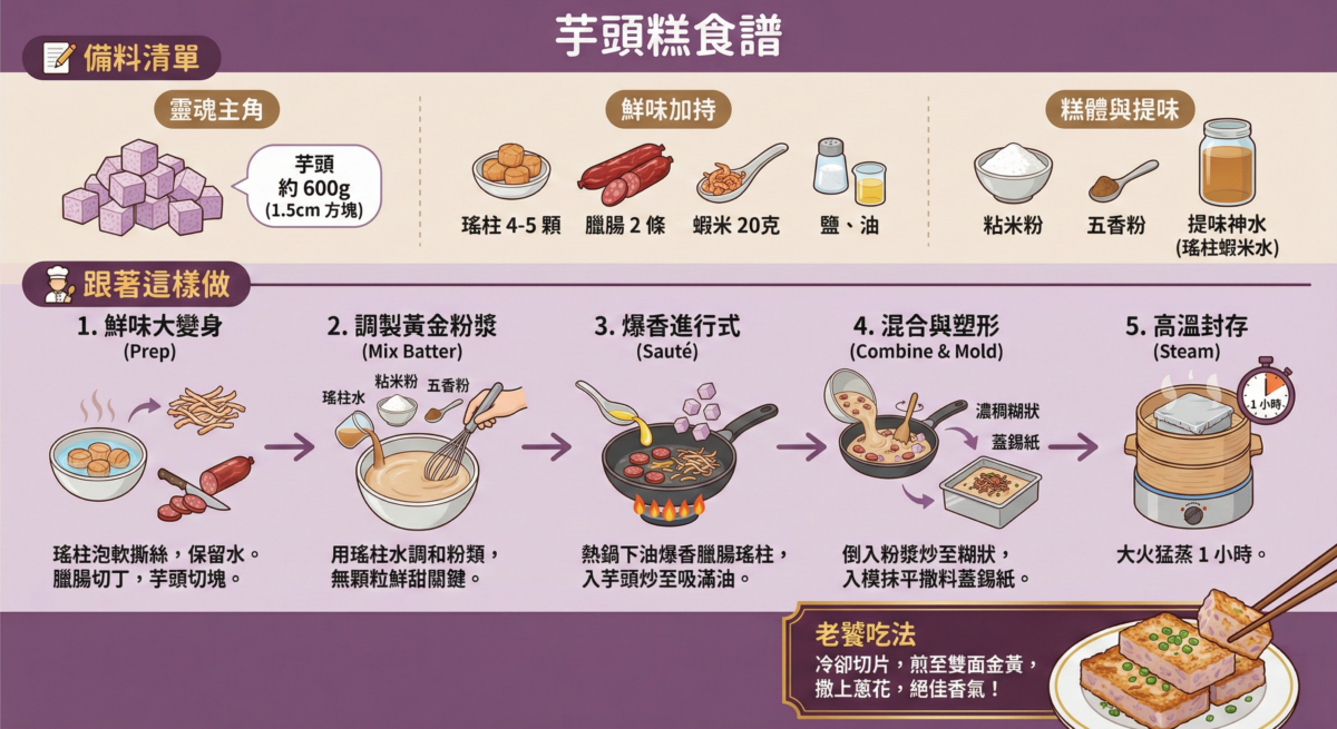一張紫色的芋頭糕食譜教學圖，包含備料清單（芋頭、臘腸、瑤柱等）與五個製作步驟：鮮味大變身、調製黃金粉漿、爆香進行式、混合與塑形、高溫封存。