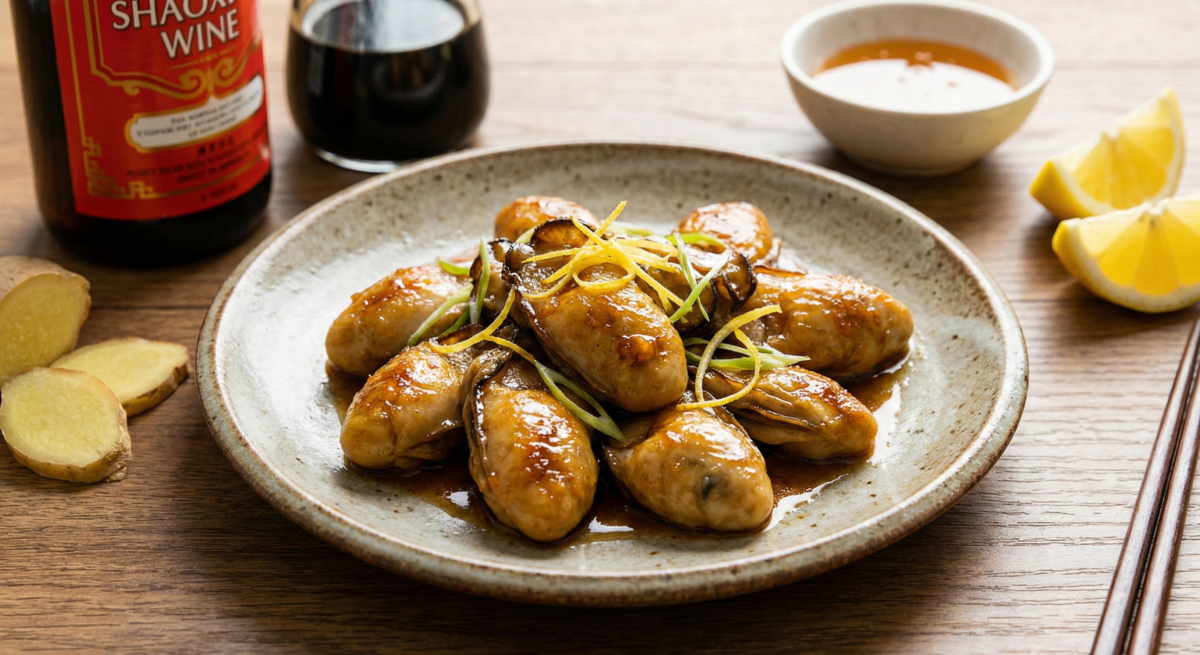 一盤色澤金黃的蜜汁煎金蠔實拍照，表面裝飾有檸檬絲與綠蔥。