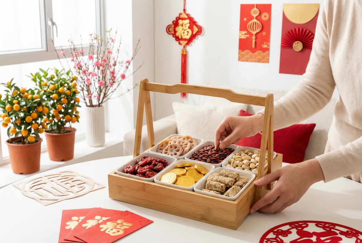 全盒源自魏晉「樏」，寓意十全十美，既盛放糖果招待親友，也象徵團圓、好運與富足。