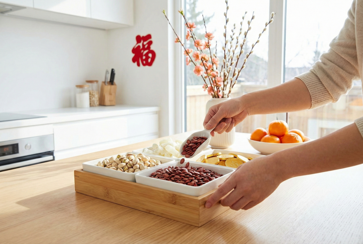 全盒必放紅瓜子，象徵抓錢招財，帶來新年財運亨通與好兆頭。