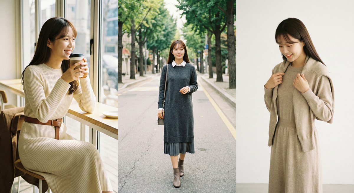 毛衣連身裙適合所有身型，尤其想遮下半身贅肉的女生，一件即可省心顯瘦，搭配腰帶與層次穿法更顯高級感。