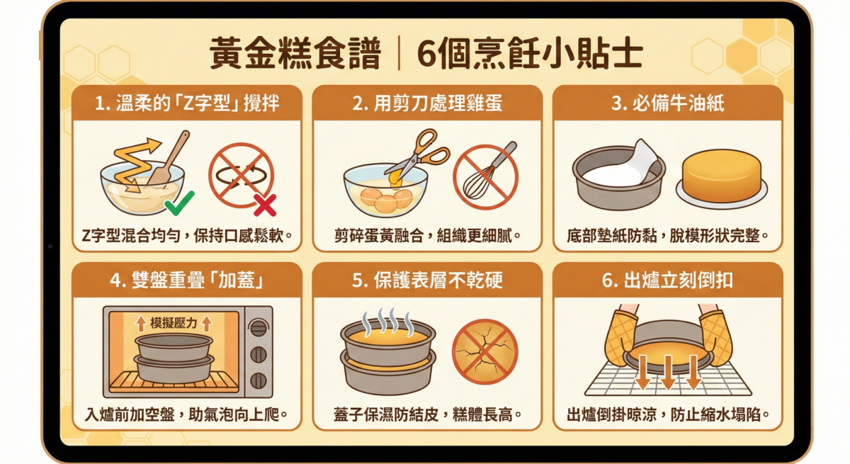 一張標題為「黃金糕食譜 | 6 個烹飪小貼士」的教學圖表，透過插畫展示了從攪拌方式、處理雞蛋到烘焙與冷卻的六個關鍵步驟。