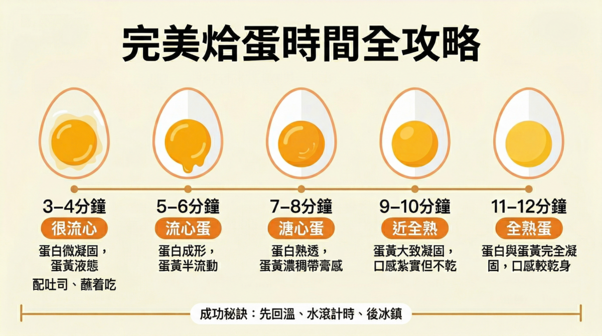 烚蛋時間表資訊圖：從3分鐘流心蛋、7分鐘溏心蛋到12分鐘全熟蛋的熟度對比圖，包含雞蛋口感描述與水滾計時建議。