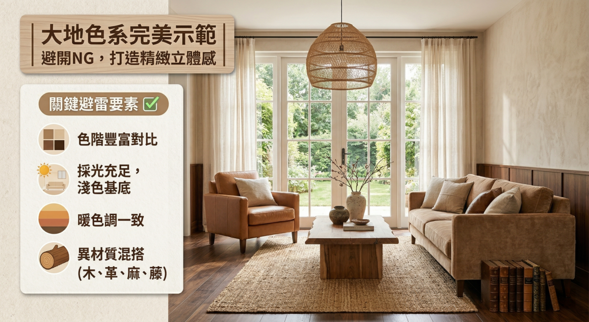 大地色雖然百搭，但若沒掌握好材質與色階的變化，很容易讓家裡顯得平庸甚至髒亂。