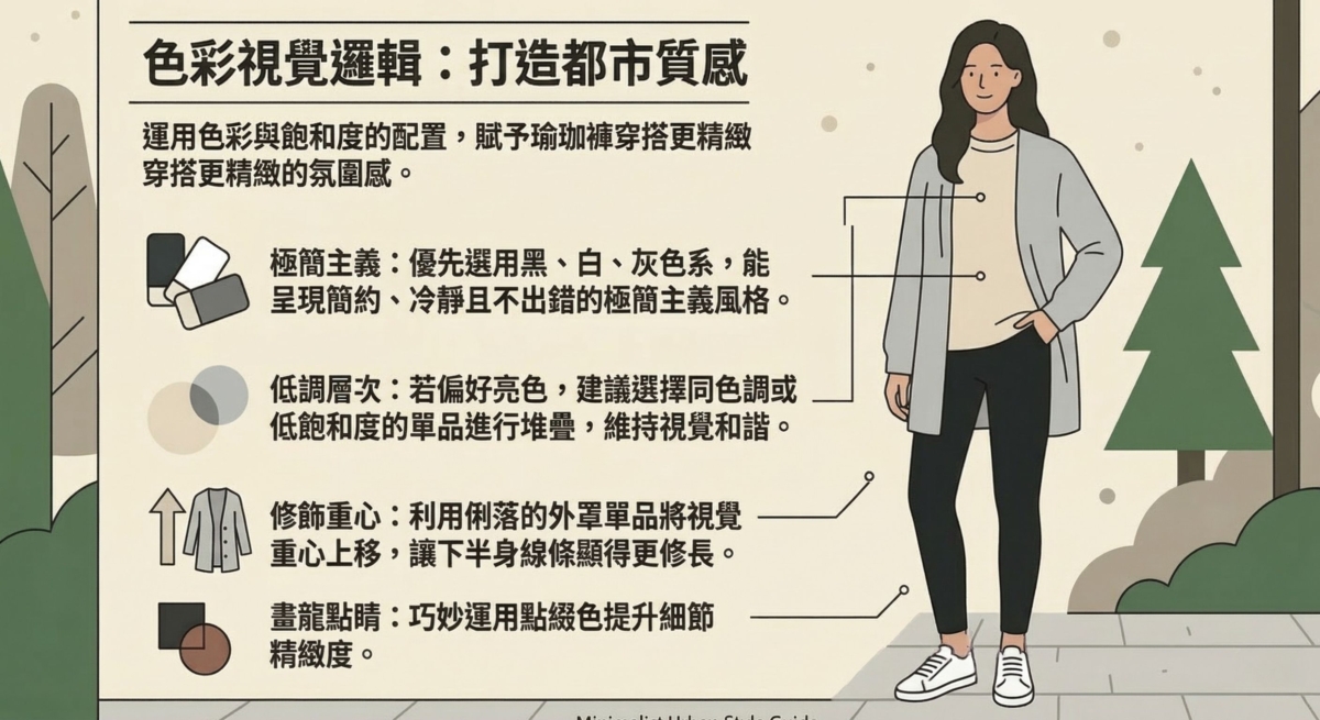 運用色彩與飽和度的配置，賦予瑜珈褲穿搭更精緻的氛圍感。