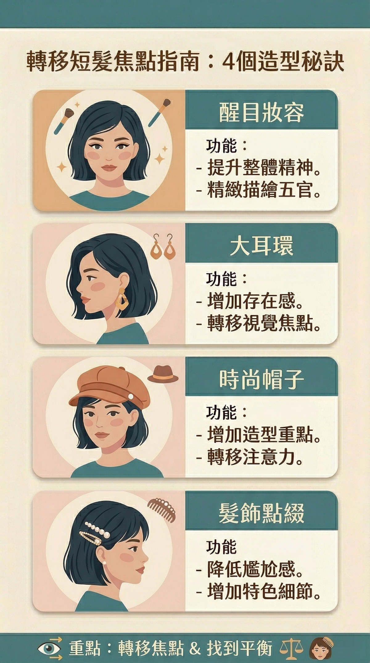 短髮視覺轉移技巧資訊圖表，展示如何利用精緻妝容、大耳環與帽子等配件提升短髮造型的整體平衡感與魅力。