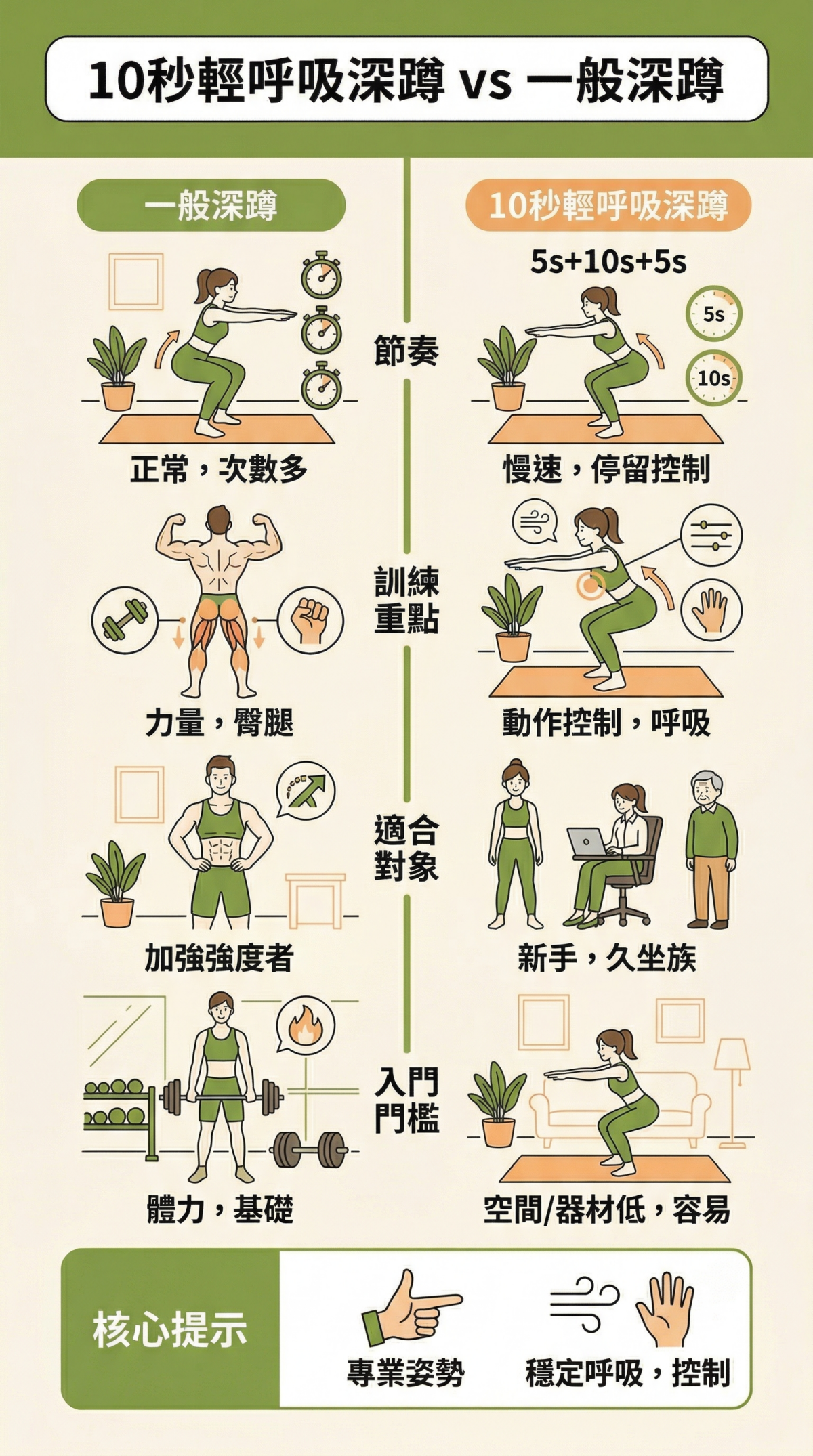 10秒輕呼吸深蹲動作教學圖：包含站穩預備、吸氣下蹲5秒、停留10秒及吐氣站起5秒的詳細步驟圖解，日本流行居家瘦下半身運動。