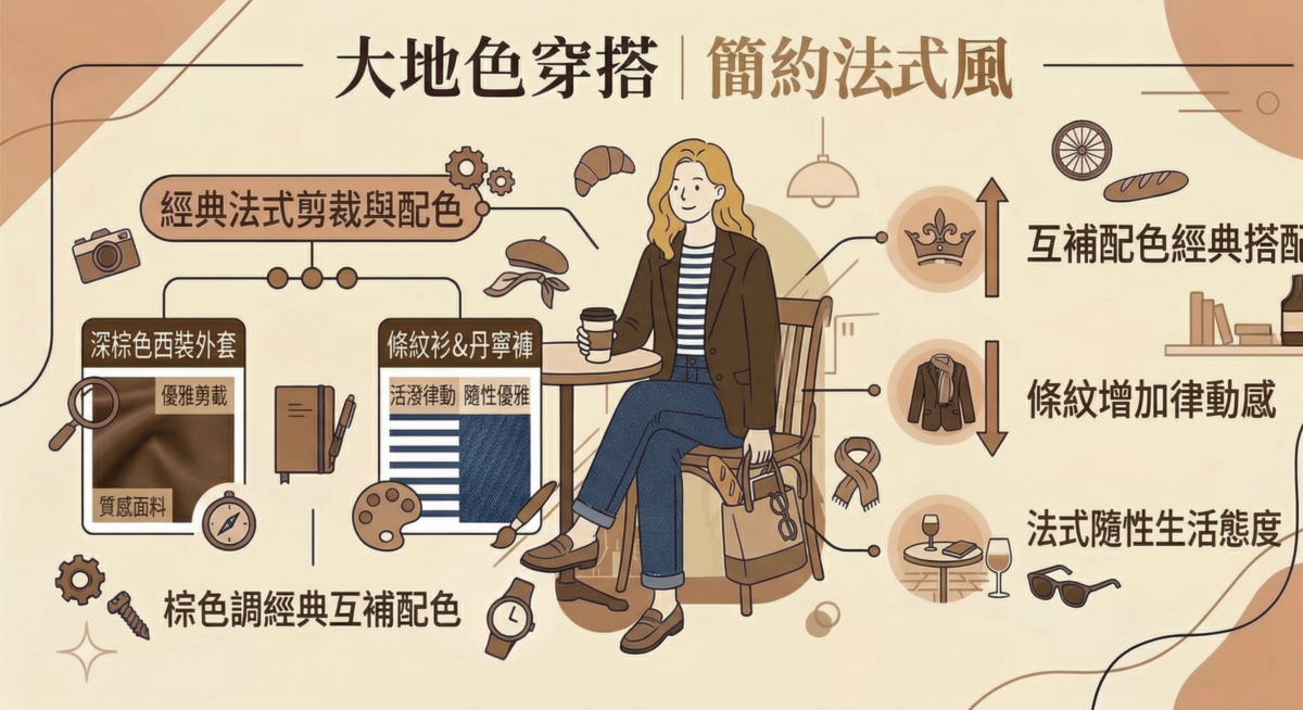 大地色與藍色是經典的互補配色，條紋元素能為整體的棕色調注入活潑的律動感。