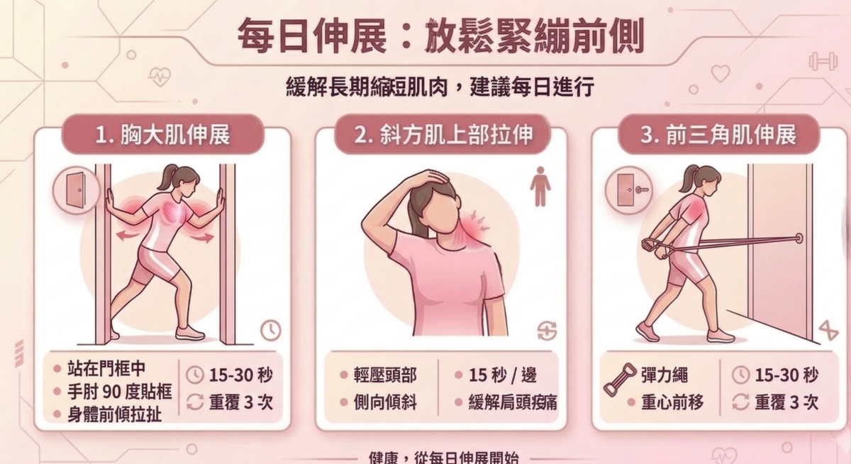 此階段重點在於緩解長期縮短的肌肉，建議每日進行。
