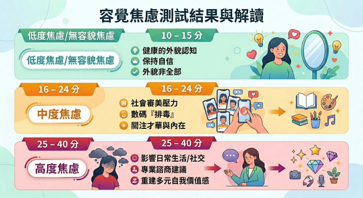 容貌焦慮測試結果解讀圖表：分為低、中、高度焦慮三段分值，提供健康認知、數位排毒與專業諮商建議等對策。