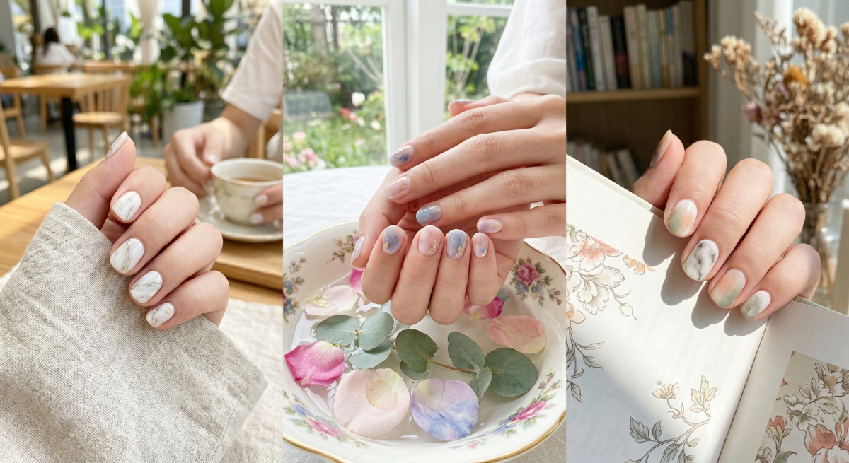 短甲指甲彩繪推薦｜極簡氣質款：大理石或水彩暈染。