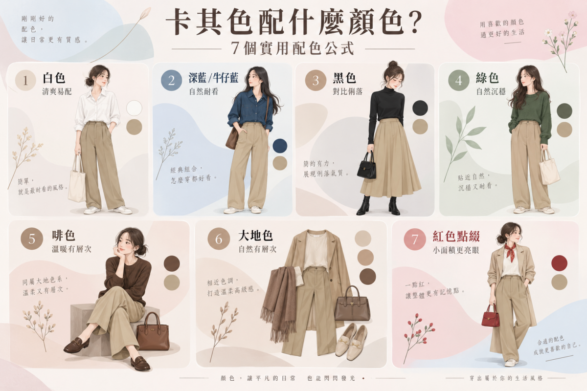 卡其色穿搭 7 大實用配色公式速查表:包含卡其色搭配白色、深藍、黑色、綠色、啡色、同色系米色與紅色點綴的視覺色塊與風格說明。