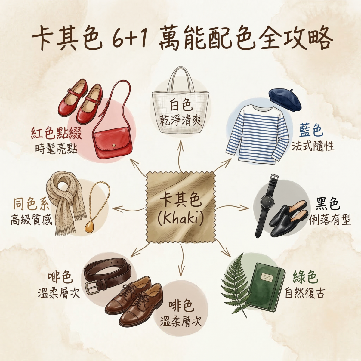 卡其色穿搭6+1配色公式圖表，包含卡其色搭配白、藍、黑、綠、啡、同色系及紅色的風格建議，教你如何穿出乾淨、溫柔與高級感。
