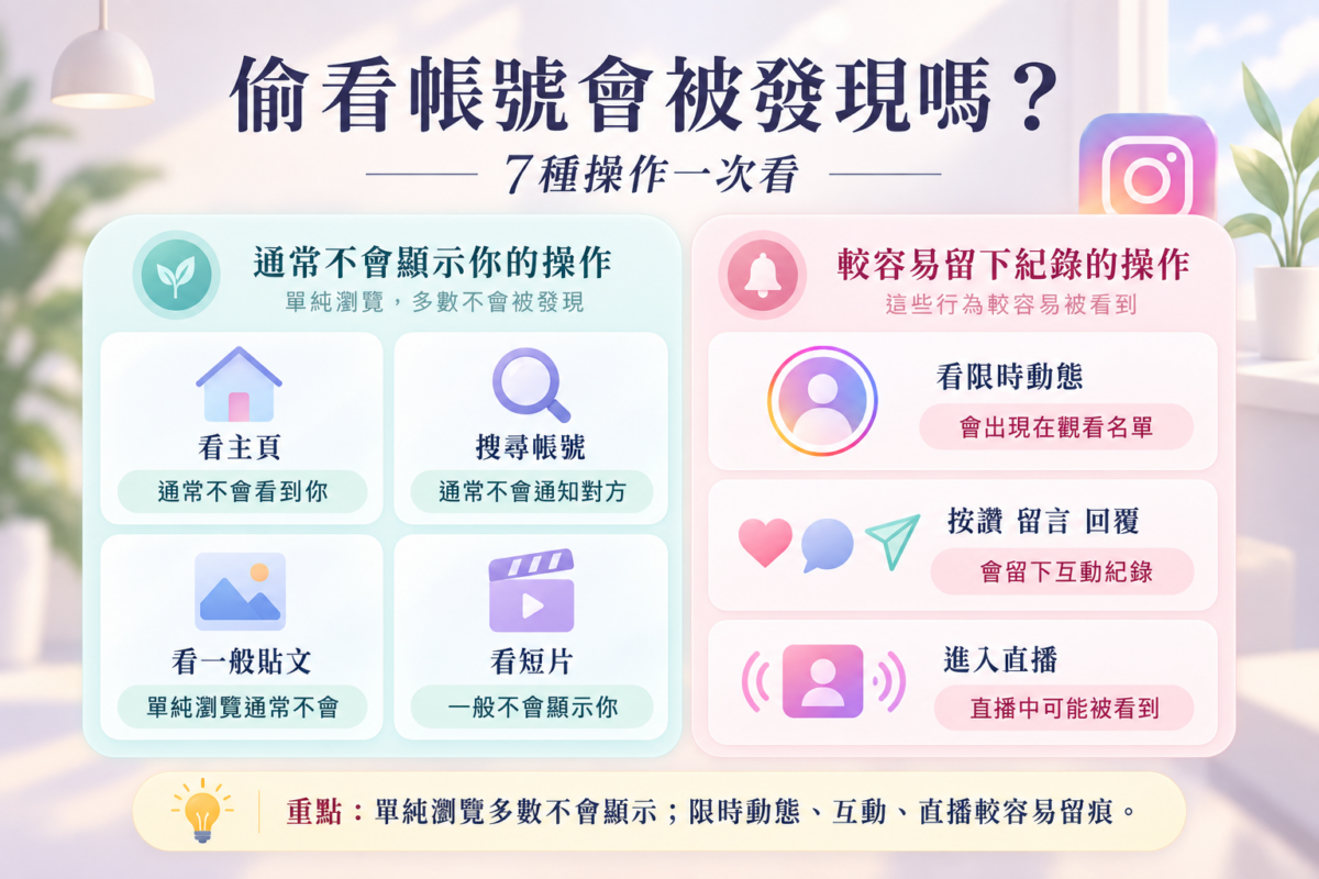 7種IG操作偷偷看曝光風險對照圖，包含看主頁、搜尋、看貼文、看Reels、看限動、互動按讚與進入直播的留痕機制解讀。