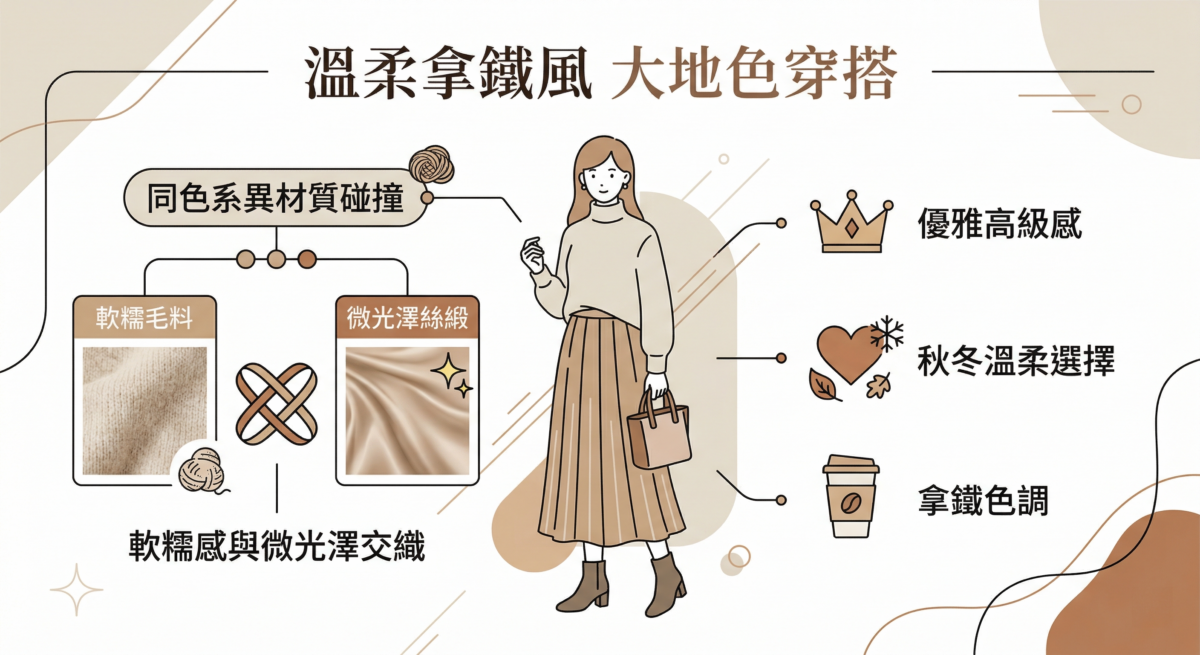 這款穿搭的精髓在於「同色系異材質」的碰撞，毛料的軟糯感與絲緞的微光澤交織，能散發出優雅且高級的貴氣感。