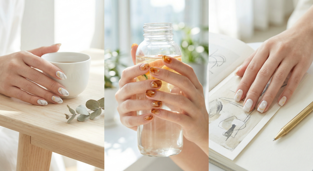 雲石、琥珀紋和低調 3D 美甲以不規則紋理、透明水滴或少量金箔增添層次，在簡約中帶點個性，又不會太高調。