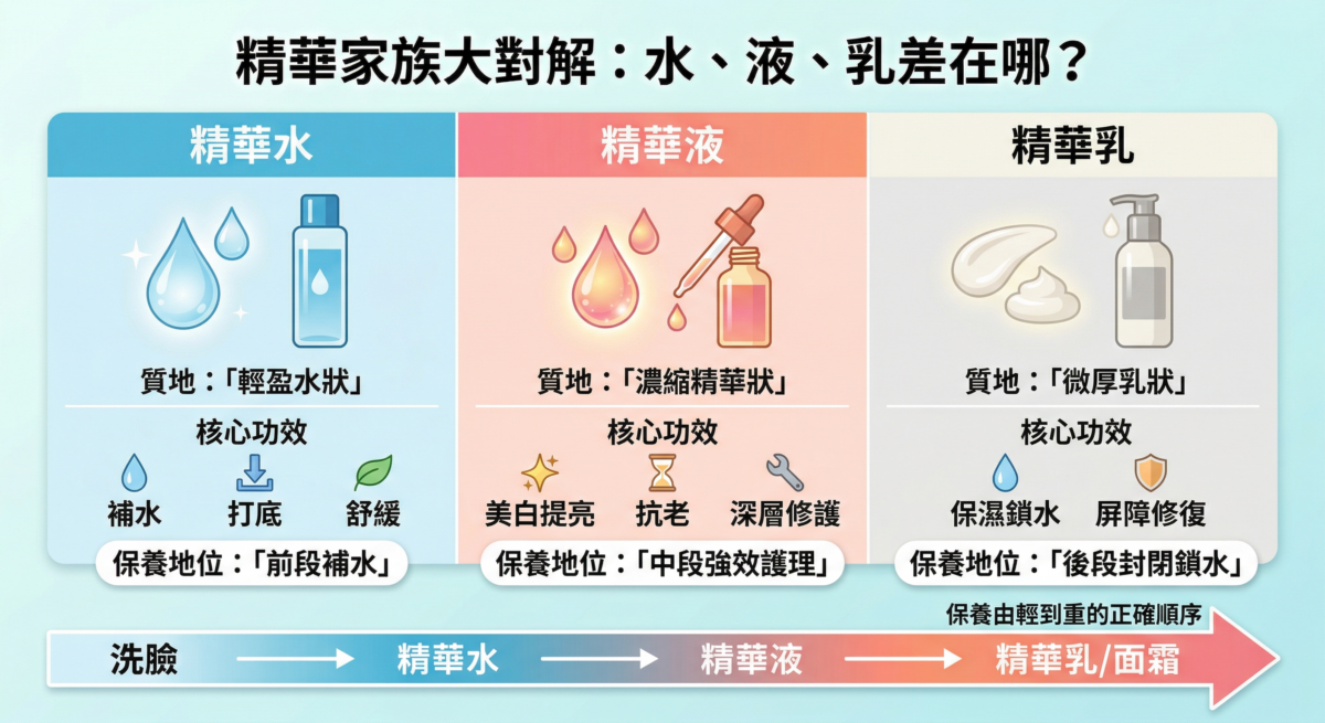 精華水正確使用順序流程圖：從洗臉、精華水打底到鎖水面霜的保養步驟教學，並圖解手部按壓、化妝棉擦拭、局部濕敷三種精華水用法。
