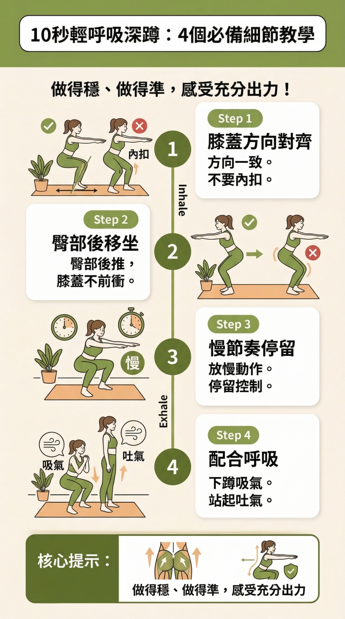 做10秒輕呼吸深蹲注意事項圖：膝蓋方向要跟腳尖一致、臀部要往後坐、節奏一定要慢與配合呼吸。