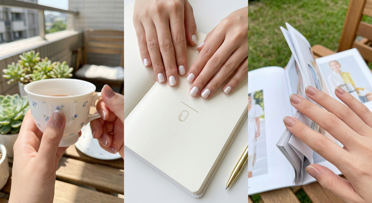 短甲指甲彩繪推薦｜高級感光澤款：細閃法式。