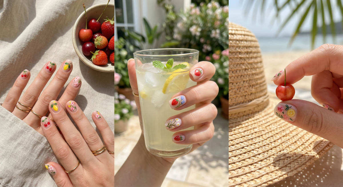 短甲指甲彩繪推薦｜可愛俏皮款：小水果或小花插圖。