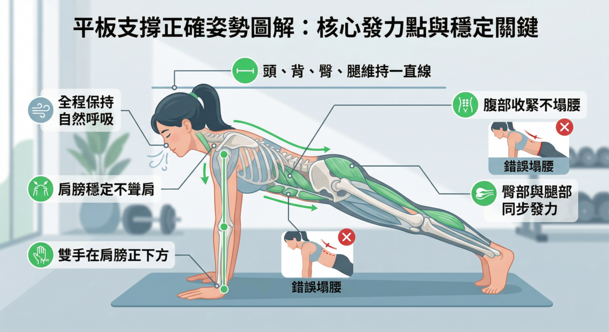 平板支撐正確姿勢圖解資訊圖，以身體解剖視角標記頭背臀腿直線、雙手位置、核心收緊、臀腿同步發力、肩膀穩定和自然呼吸等6大核心要點，並對比常見錯誤。