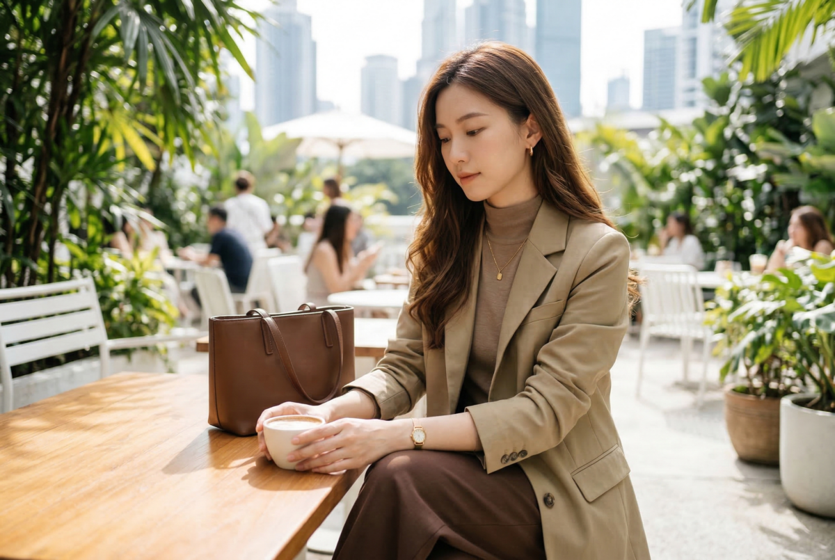 巧克力棕之所以愈來愈受歡迎，在於它比黑色溫暖、比卡其色更沉穩，只要搭配中性色、同色系大地色，再配合異材質或亮色配件點綴，就能穿出成熟又有層次的質感。