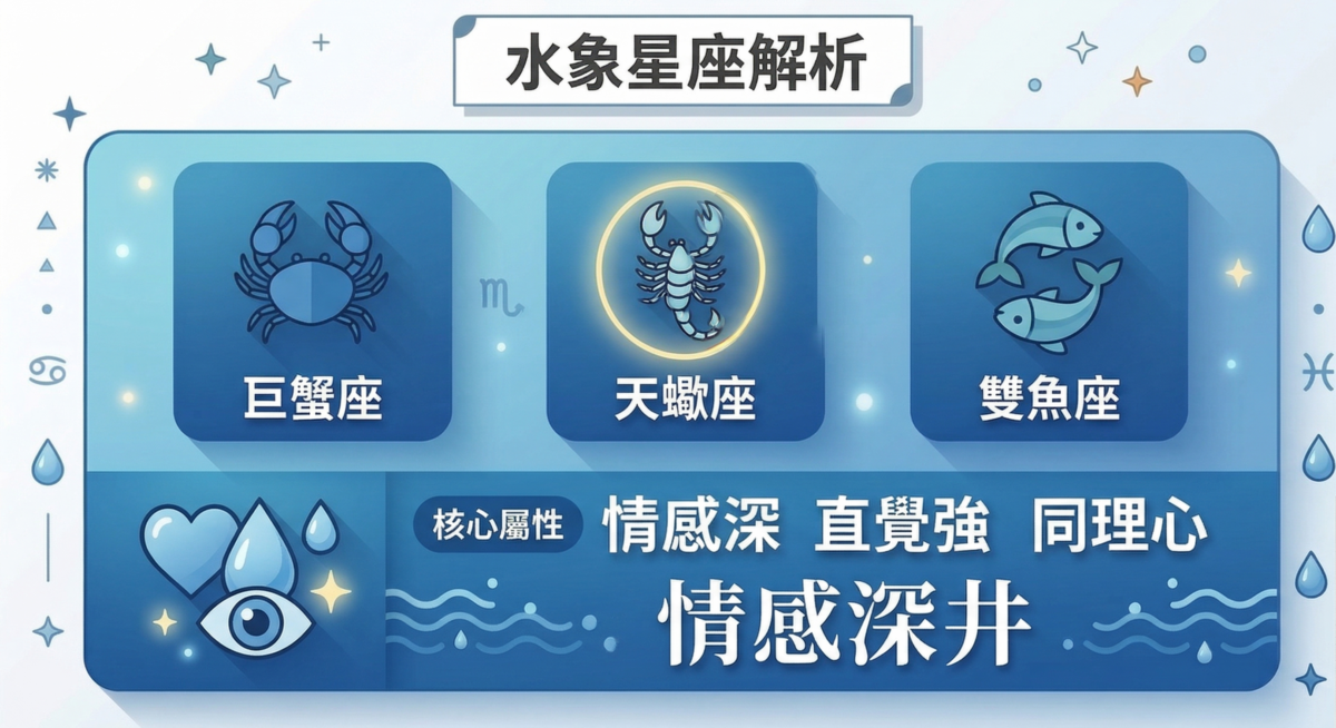 水象星座性格分析圖：收錄巨蟹、天蠍、雙魚的核心特質，並與火象、風象、土象星座進行感性與理性的性格差異對比。