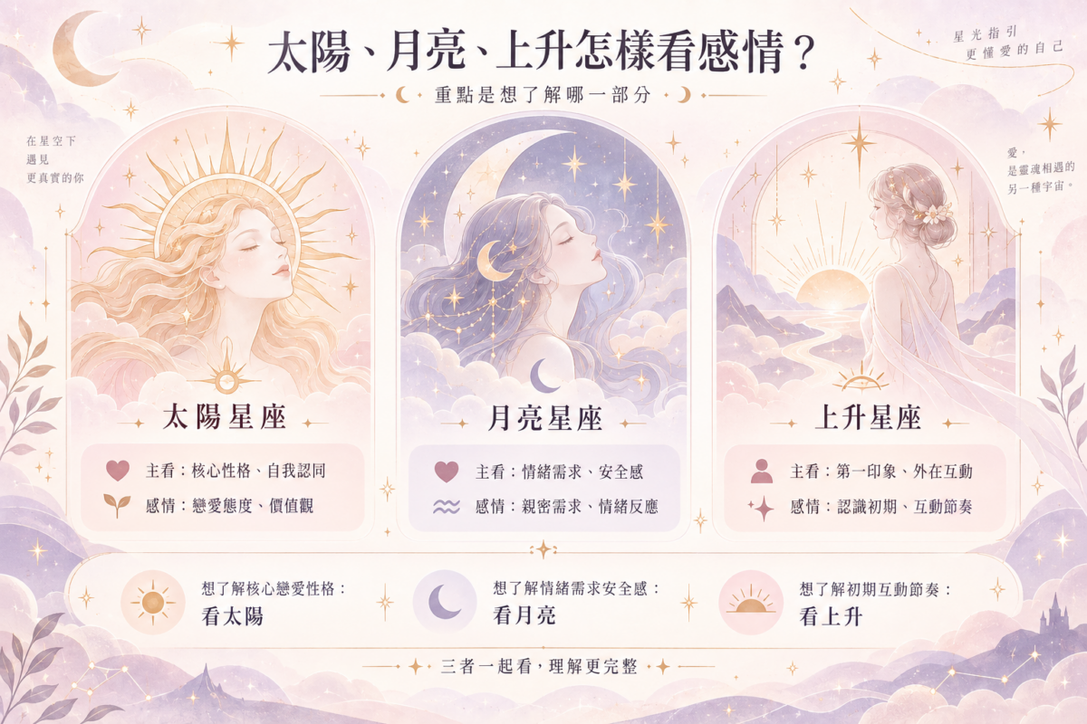 太陽、月亮、上升星座感情看點對照資訊圖,包含太陽、月亮與上升星座的核心性格、情緒需求、第一印象及感情參考重點。