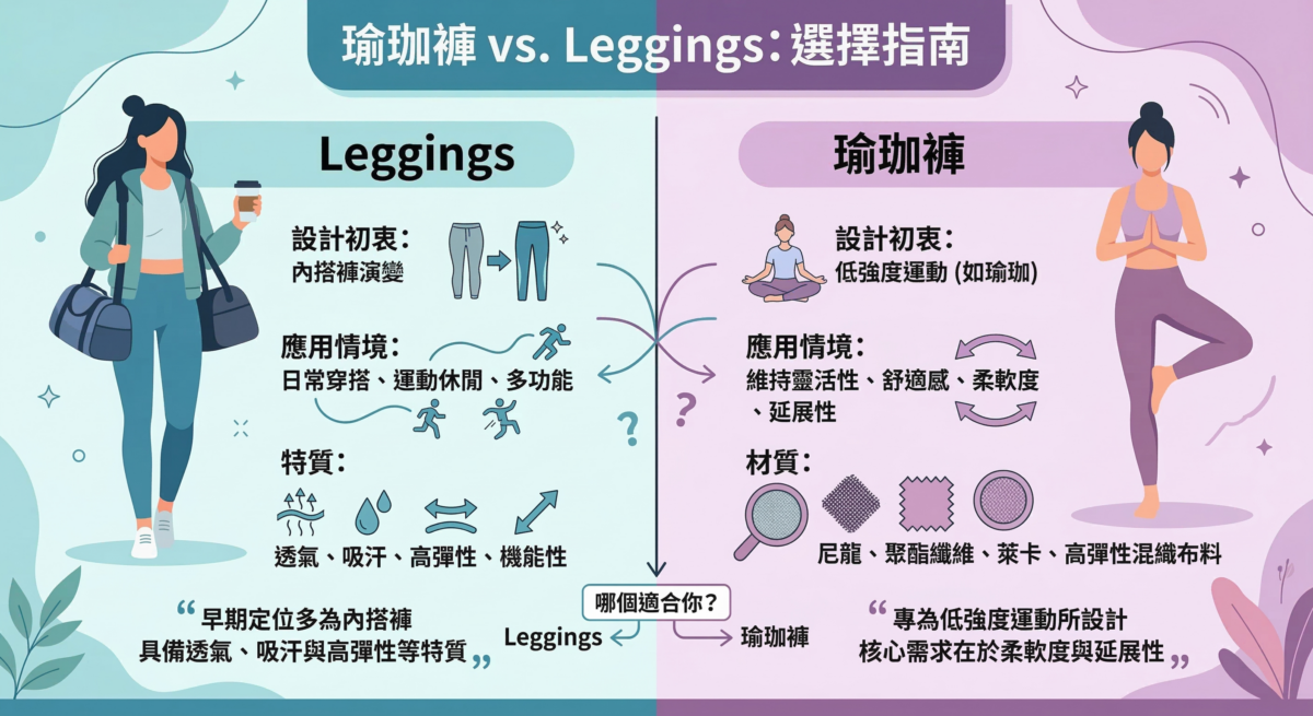 這是一個垂直的資訊圖表，標題為「瑜珈褲 vs. Leggings: 選擇指南」，用於比較兩種緊身褲的差異。