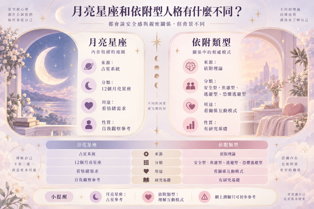 月亮星座與依附類型差異對照圖表：比較占星月亮星座與心理學依附理論的來源、分類、用途與科學研究基礎。