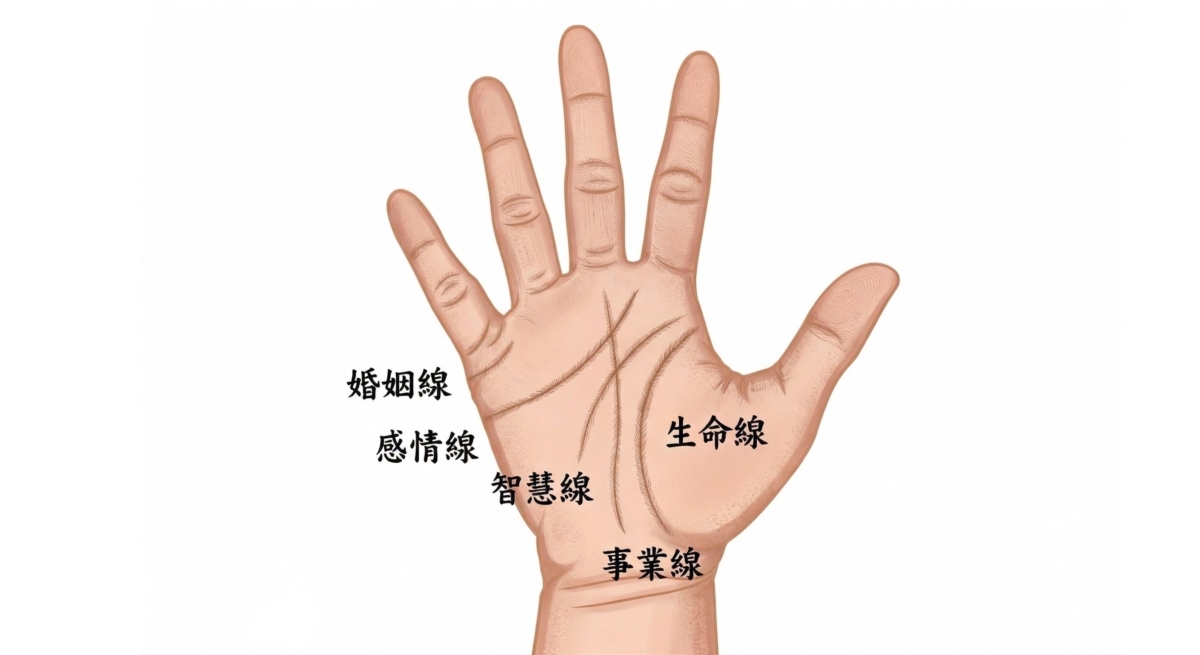 在開始了解手相世界之前，建議先掌握五大關鍵掌紋：婚姻線、感情線、智慧線、生命線與事業線。