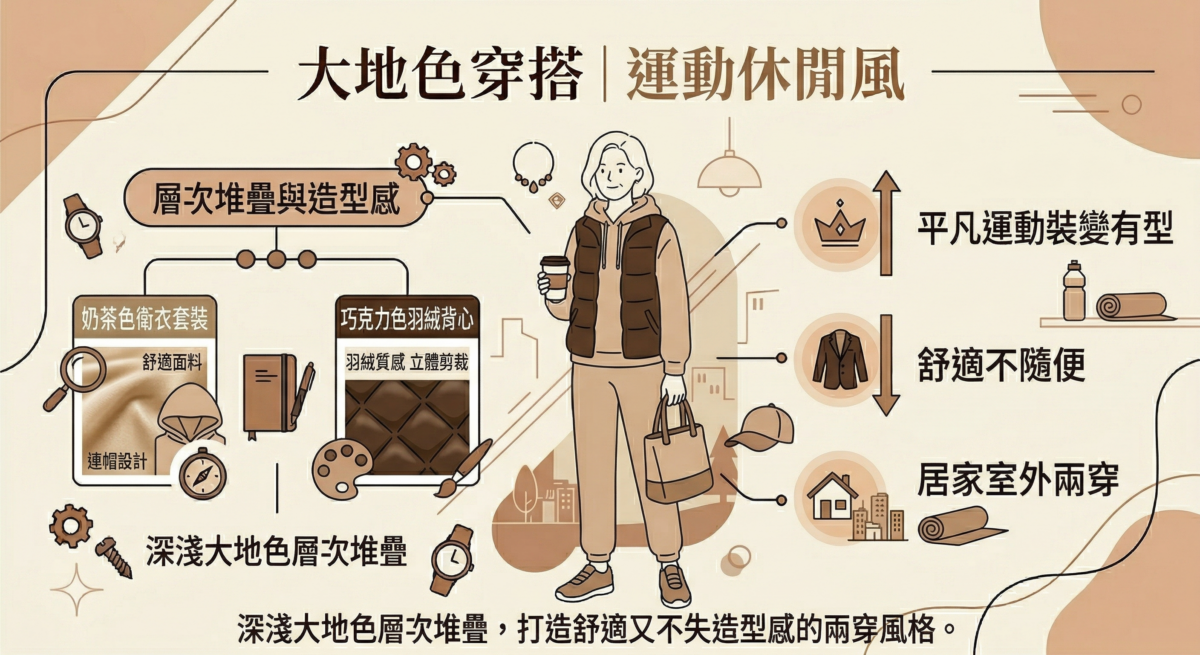 透過深淺不一的奶茶色與深棕色進行層次堆疊，讓原本平凡的運動套裝變得更有造型感。