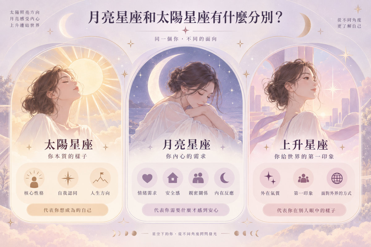 太陽、月亮與上升星座差異對照圖表：比較太陽星座的核心性格、月亮星座的情緒需求與上升星座的外在氣質解讀指南