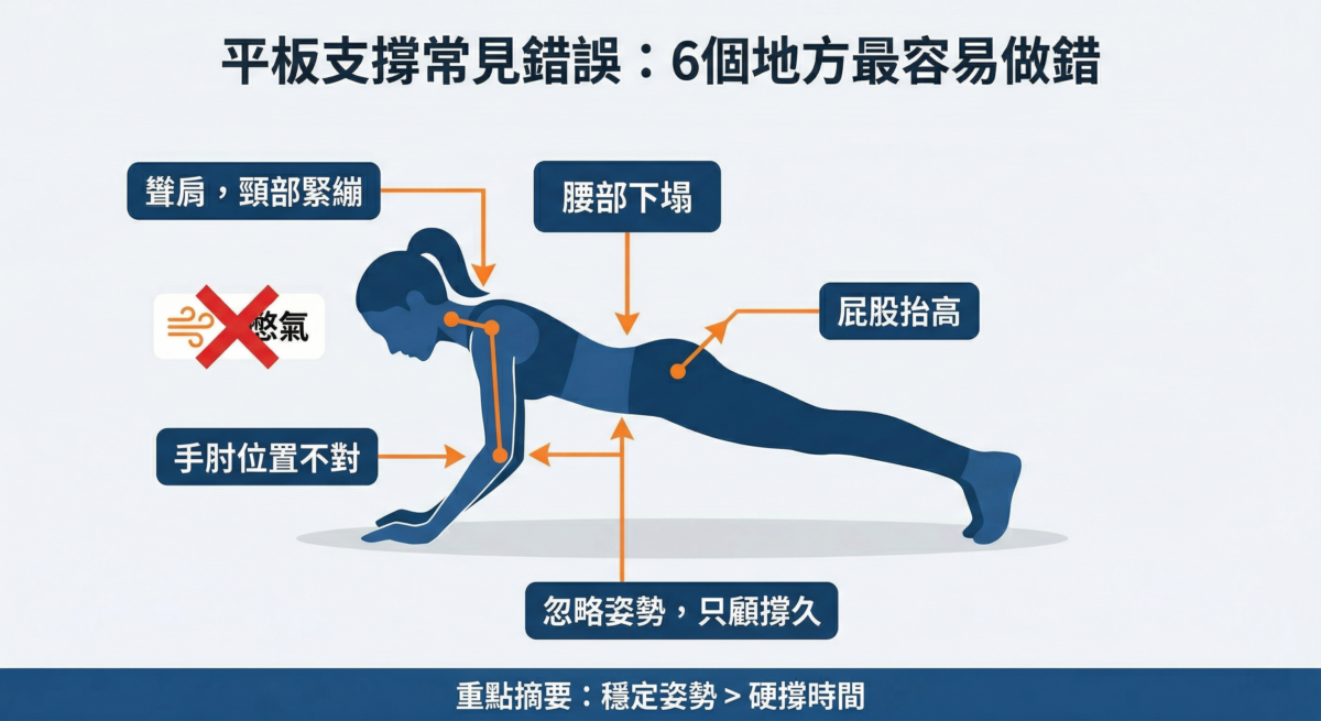 平板支撐 6 大常見錯誤教學圖：包含腰部下塌、臀部過高、聳肩、憋氣、手肘位置錯誤及忽略姿勢品質的視覺化分析。