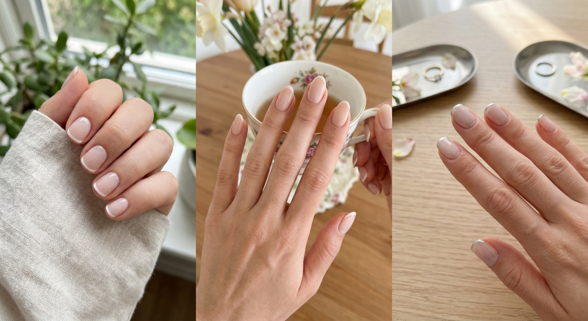 微法式美甲在經典白邊之外延伸出奶茶色、鏡面或半透等變化，風格乾淨優雅又百搭耐看，特別適合想走精緻路線的入門款。