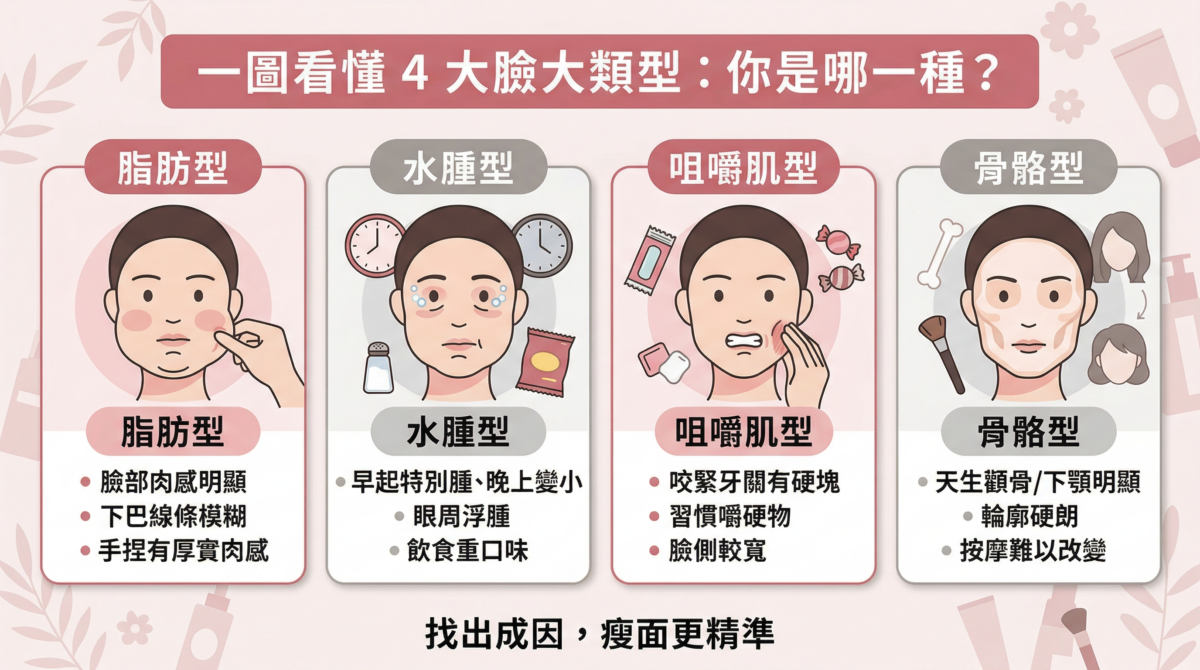 瘦面方法必看:4種常見臉大類型對比圖(脂肪型、水腫型、咀嚼肌型、骨骼型),分析臉部輪廓特徵與成因,助你找回清晰下顎線。