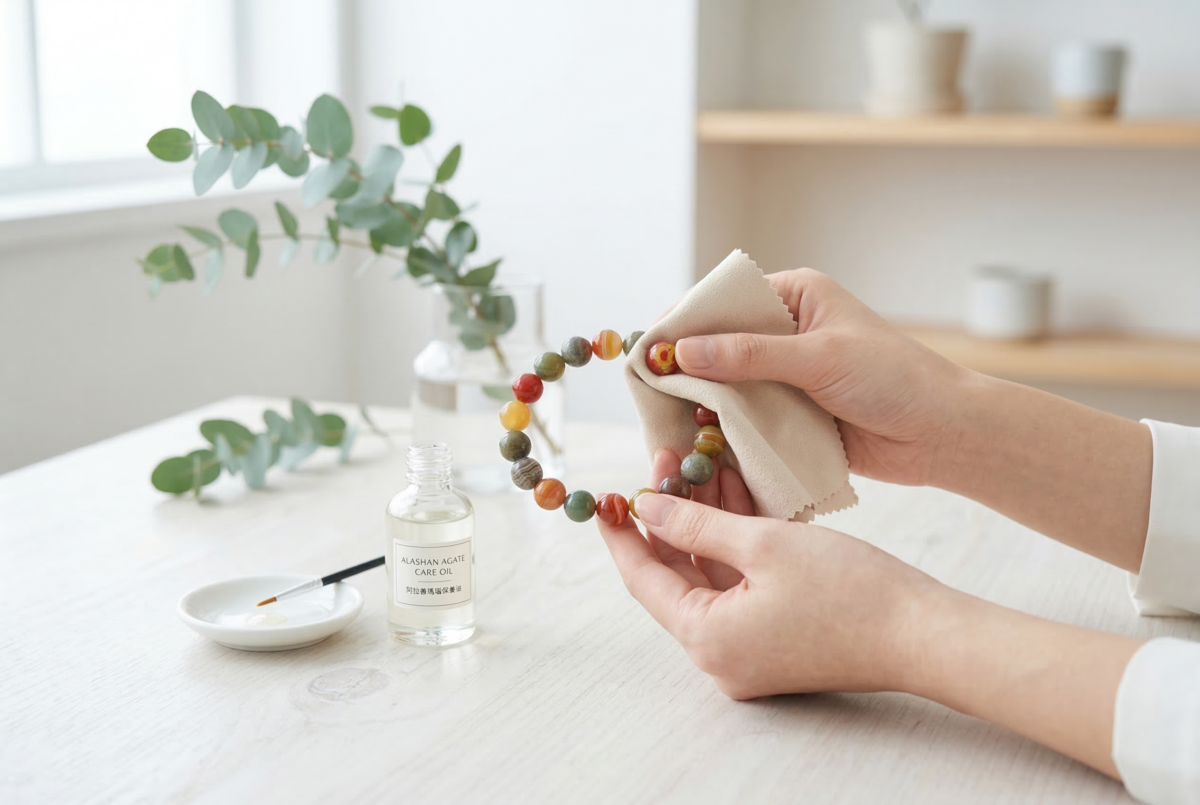 阿拉善保養以溫和清潔為主，平日可用軟布擦拭，必要時再以清水快速沖洗並立即擦乾。