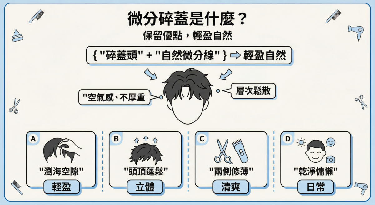 微分碎蓋的特徵是瀏海帶有自然空隙、頭頂有層次與蓬鬆感，兩側和後腦較清爽修薄，整體風格介乎乾淨與自然慵懶之間。
