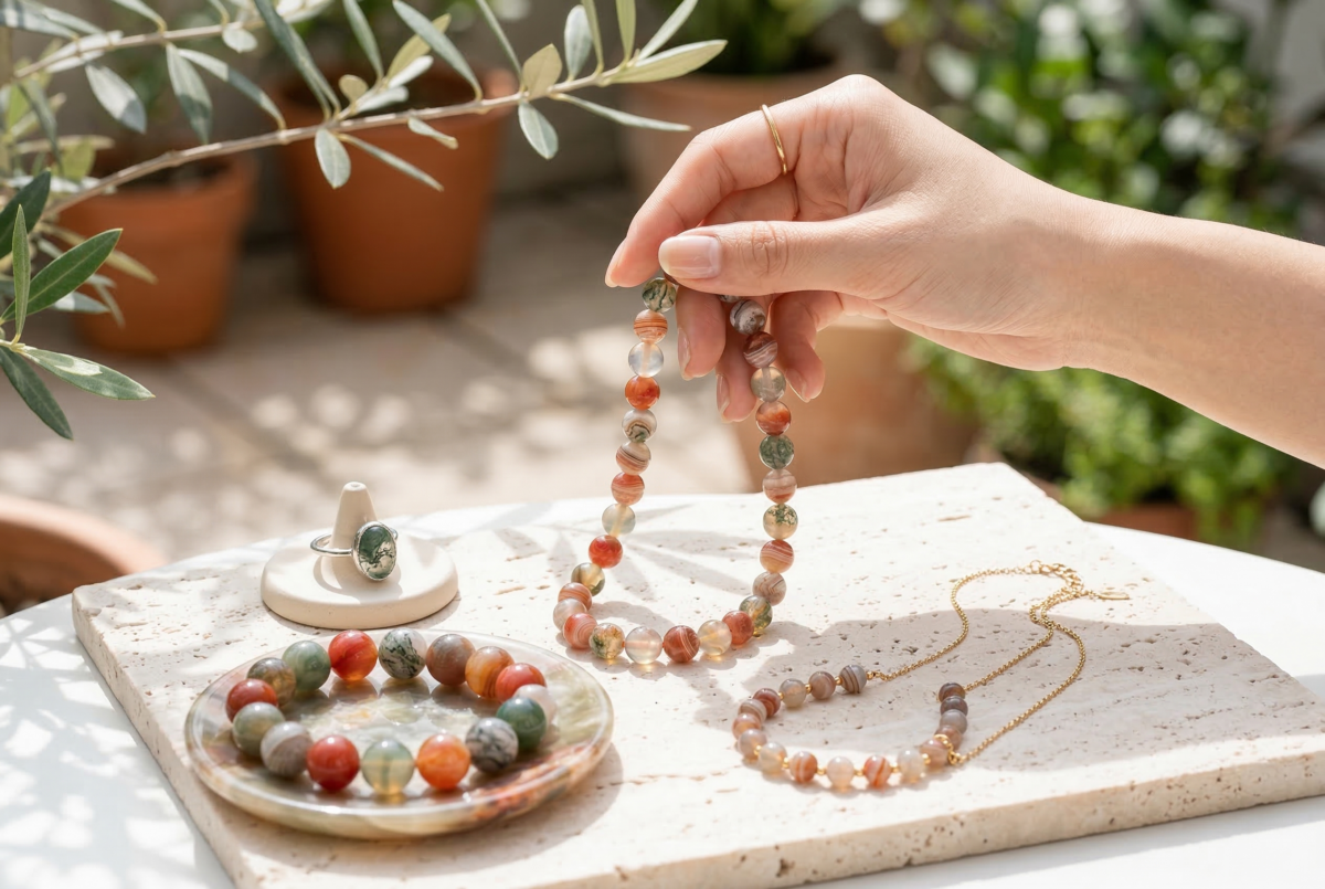 阿拉善最實用的戴法，是依照自己的穿搭風格挑選合適色系，把它當成兼具天然感與個性的日常飾物來佩戴。