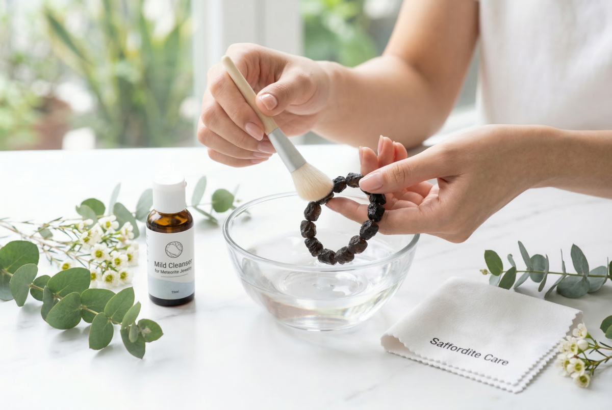 天狼星隕石淨化與保養建議以溫和方式為主,可用晶簇、透石膏、煙燻或月光靜置處理,平日則應避免曝曬、高溫、化學清潔劑,並保持乾爽收納。