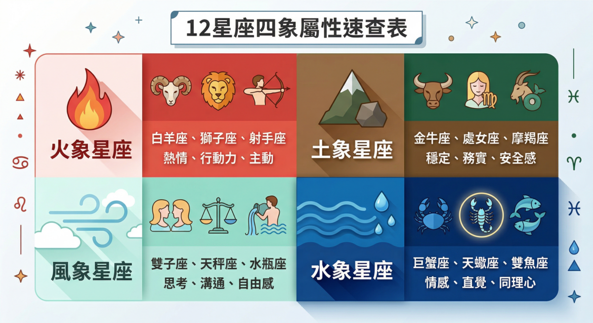 12星座四象屬性對照圖：詳細列出火象、土象、風象及水象星座（巨蟹、天蠍、雙魚）的成員組成與性格特質分析。