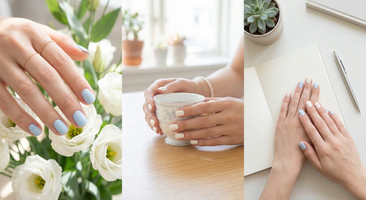 短甲指甲彩繪推薦｜溫柔顯白款：寶寶藍或奶油白。